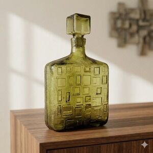 Empoli Brutalist Olive Green Art Glass Decanter Geometric Bottle Italy MCM